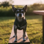 a dog standing on a bench